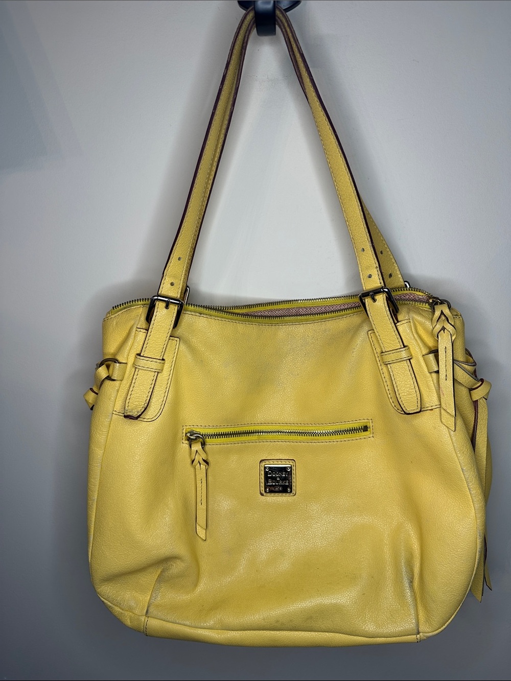 Dooney & Bourke Yellow Leather Shoulder Tote with Front Zip Pocket-AS IS